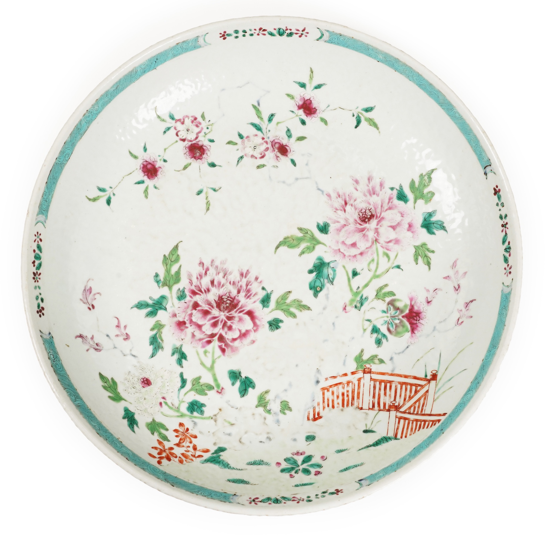 A Chinese export famille rose deep dish, underglaze blue Xuande mark but 18th century